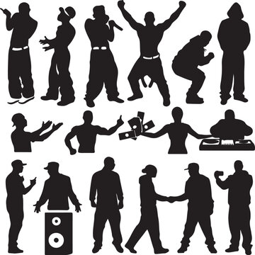 Diverse group of people in various hip hop inspired poses silhouette dancing