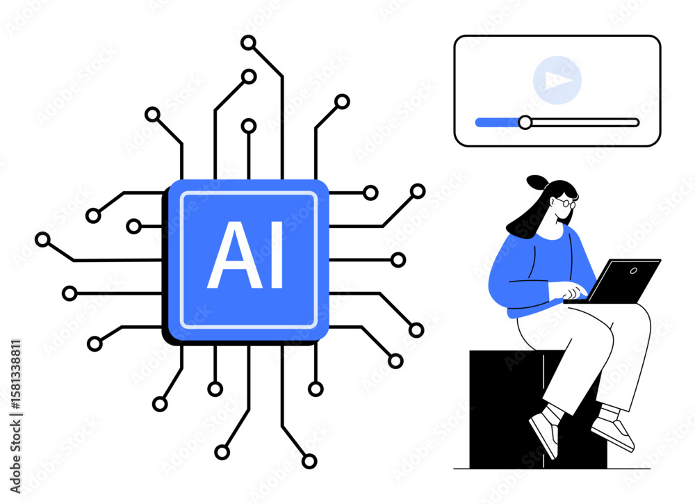 Poster ai microchip surrounded by circuits, woman using laptop, and video interface. ideal for ai, technolo