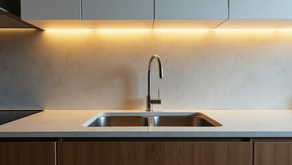 Modern kitchen sink with brushed nickel faucet and under cabinet lighting highlighting a textured backsplash and white countertop