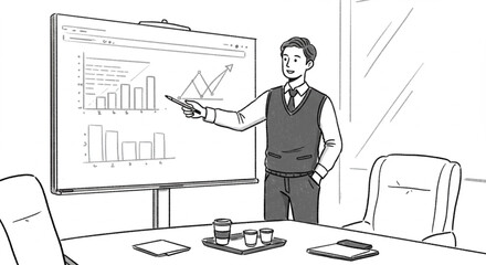 Illustration of a businessman presenting financial data with charts and graphs during a corporate business meeting