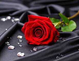 red rose with water droplets lying on smooth black silk fabric. A romantic and luxurious floral composition perfect for themes of love, passion, beauty, and elegance.