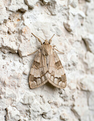 Beautiful moth with detailed wings rests on a textured white stone wall, showing its intricate patterns and unique coloration.