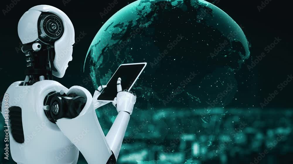 Poster ai robot huminoid uses cloud computing technology to store data on online server . futuristic concep