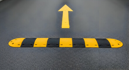 Speed bump with yellow arrow on asphalt road indicating driving direction ahead