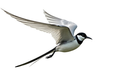 Obraz premium Elegant white wagtail with long tail in mid-air against a transparent background showcasing flight posture