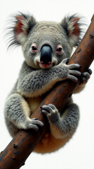 Fototapeta premium Cute marsupial koala bear clings to a sturdy branch in a tree during a sunny afternoon in Australia
