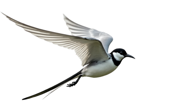 Elegant white wagtail with long tail in mid-air against a transparent background showcasing flight posture