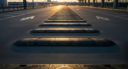 Speed Bumps On Parking Lot Road Leading Towards Horizon At Sunset