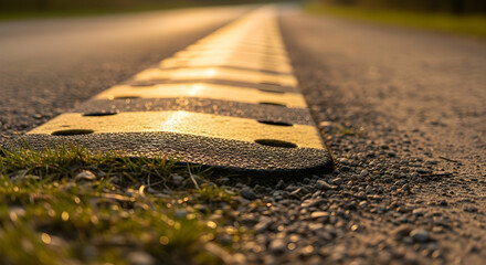 Speed Bumps on The Asphalt Road With Warm Light During Sunset Hour