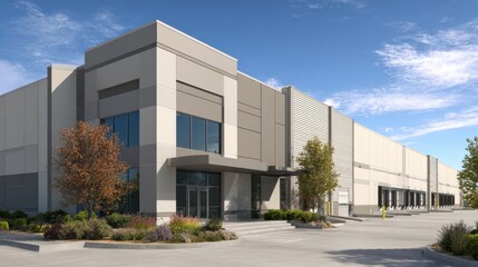 A 4K photo of modern warehouse exterior, sunny day, landscaping, industrial park.