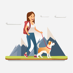 Women on a vacation walking with pet 
