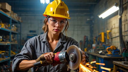 Medium shot of a confident female industrial worker in a yellow hard hat and safety glasses using an angle grinder with sparks in a factory.