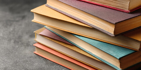 Obraz premium A close-up shot of several worn, old books stacked neatly, displaying their textured covers and aged pages, symbolizing history, knowledge, and the enduring power of literature