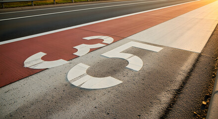 Speedway Marking With Number Thirty Five On Asphalt Road At Golden Hour