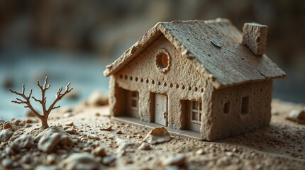 Realistic Miniature Desert House Model with Tree and Sand Landscape