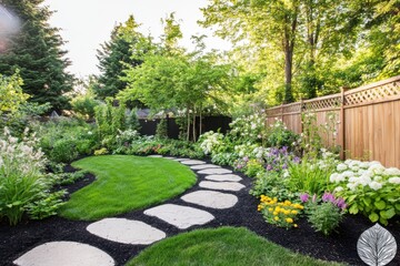Vibrant modern yard with curved lawn, decorative stones, and flowering perennials. Sunlit and serene, this garden scene suits outdoor design content and tranquil home concepts.