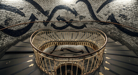 Spiral staircase with arrow graffiti against a brick wall presents an urban aesthetic
