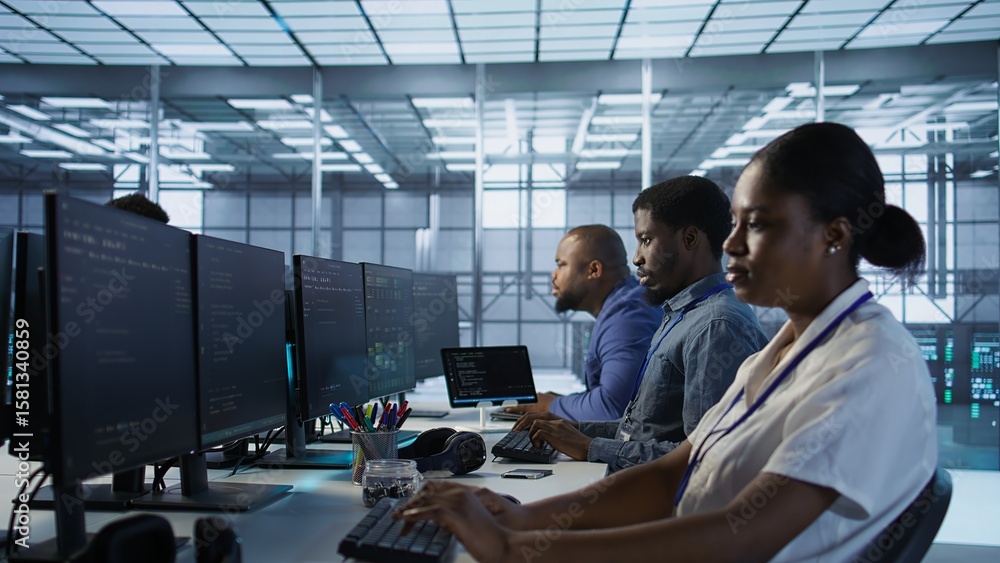 Poster computer scientists in data center implementing ai predictive maintenance systems. server farm emplo