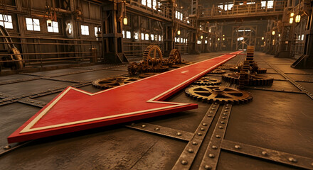 Steampunk direction with gears and red arrow suggesting a futuristic industrial factory concept