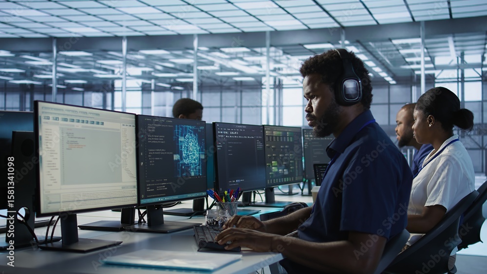 Poster ai system administrator in server room listening music, developing disaster recovery plans ensuring 