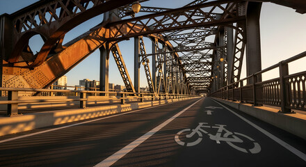 Steel Bridge Structure With Bicycle Lane Under Sky During Sunset Time