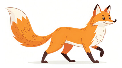 Cartoon fox with orange fur and white tail walking gracefully on a white background in a playful style