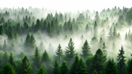Dense evergreen forest shrouded in thick white mist with soft diffused light isolated on a transparent background