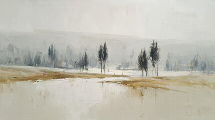 Foggy landscape with trees and reflective water under a muted sky at dawn