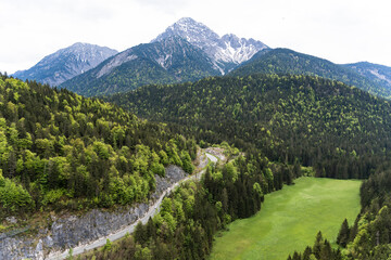 A winding gravel path runs through a forested valley in the mountains under a soft cloudy sky.