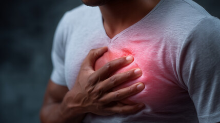 Person showing signs of chest pain and persistent cough, close-up view under dramatic lighting, concept of early health detection internal pain, lung or heart alert, illness diagno