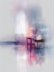 Ethereal interior space with softly lit surroundings and a single chair at a desk