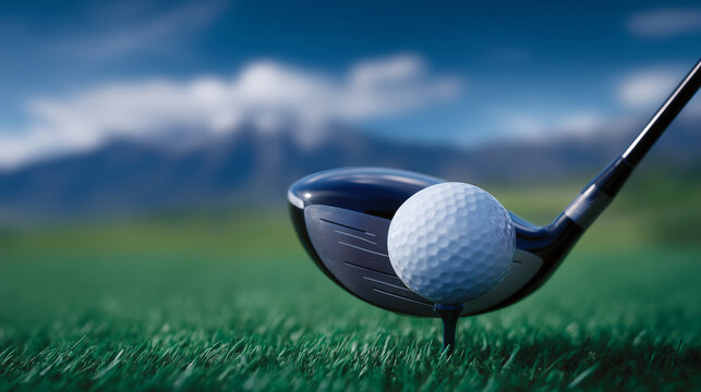 Close-up of a golf club and ball on a perfectly trimmed green field, ready for a powerful tee shot under a bright blue sky professional golf setup, outdoor sports, precision and fo