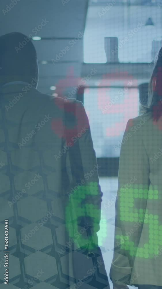 Poster animation of trading board over rear view of diverse coworkers discussing while walking in corridor