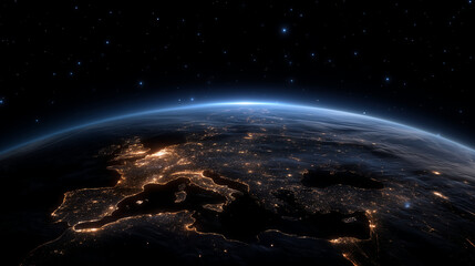 Obraz premium Stunning view of Earth from space, illuminated city lights on the night side, deep starry cosmos in the background representing global connectivity and human presence on the planet