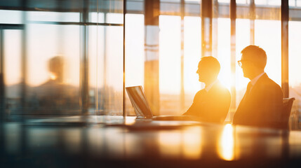 Colleagues engaged in discussion during a bright sunset in a modern office environment