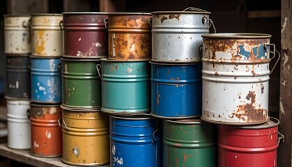 Vintage paint cans stacked on shelves
