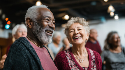 Obraz premium Diverse seniors dancing together in a community center active lifestyle, social connection, celebration, fun, elderly diversity, happiness, vibrant colors, candid moment