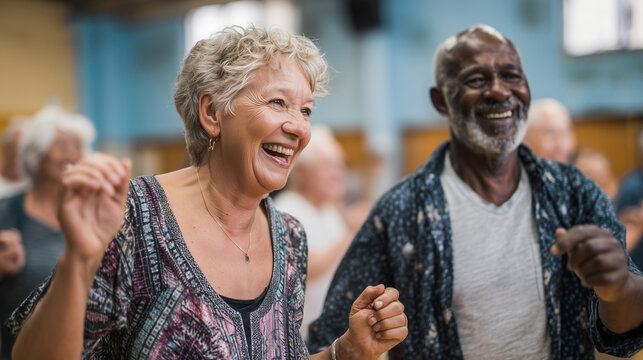 Diverse seniors dancing together in a community center active lifestyle, social connection, celebration, fun, elderly diversity, happiness, vibrant colors, candid moment