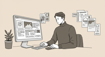 A professional man at a desk analyzing business data, designing a user interface dashboard with charts and graphs in a line art illustration.