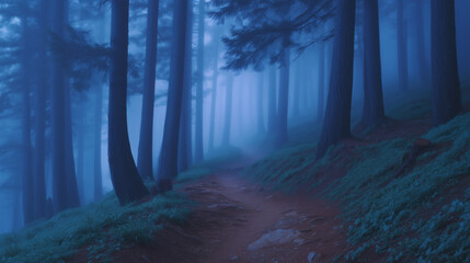 Moody forest trail in heavy fog with deep shadows mystery, cinematic, atmosphere, silence, moody tones, nature, fantasy vibe, emotional storytelling.