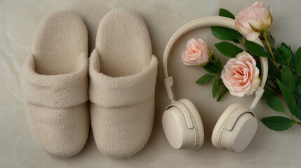 Flat lay of mental health self-care items on neutral background calm vibe, wellness essentials, mindfulness, routine, healthy habits, modern lifestyle, minimal tones.