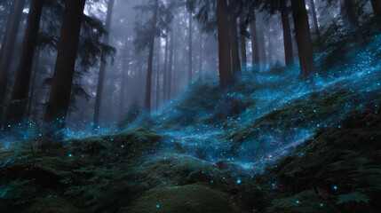 Fototapeta premium Surreal forest where trees glow and float in air magical realism, enchanted woods, glowing elements, fantasy light, sci-fi nature, whimsical vibe.