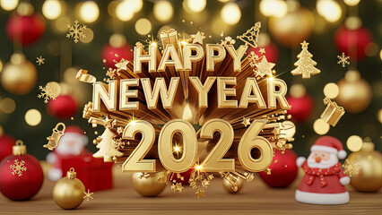  Stunning golden 3D text "Happy New Year 2026" surrounded by festive Christmas decorations like ornaments, Santa Claus figures, and sparkling lights, perfect for holiday greetings and celebrations

