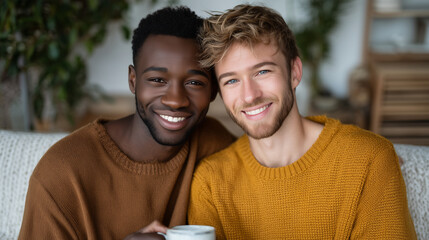 Happy interracial LGBTQ+ couple drinking coffee at home diversity, love is love, modern relationship, real people, everyday intimacy, morning routine.