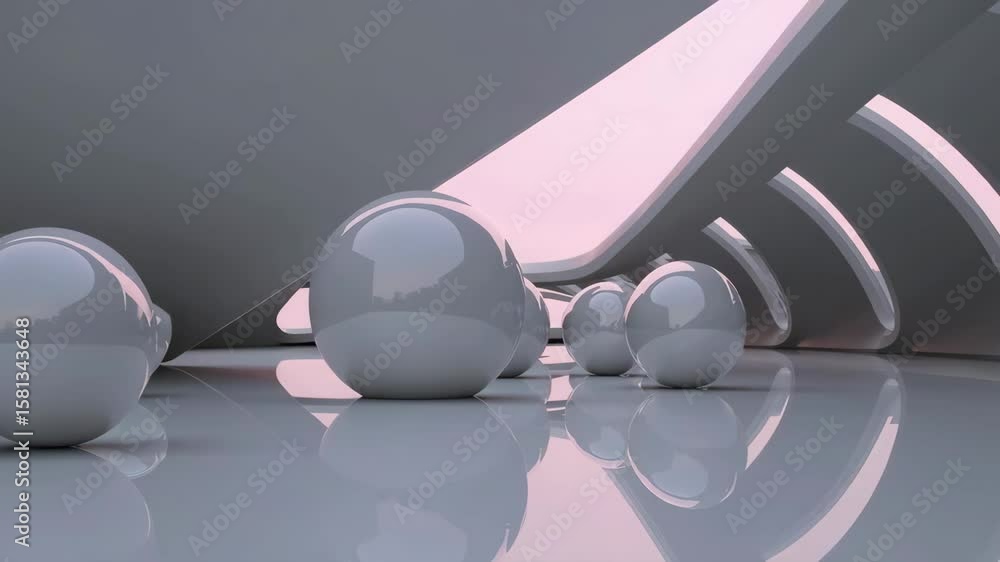 Poster futuristic spheres in minimalistic space with dynamic light shifting over reflective surface