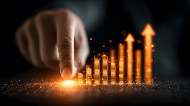 Close-up View of a Human Finger Interacting with a Glowing Bar Chart Icon