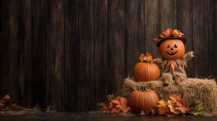 Autumn harvest celebration with pumpkins and scarecrow decoration