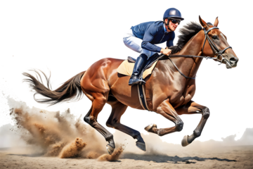 Male jockey in blue racing silks riding a galloping brown horse kicking up dust isolated on a transparent background