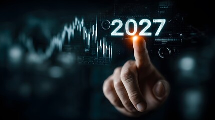 Innovative AI hand grasping a radiant "2027" business icon with dynamic analytics charts floating nearby