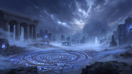 Obraz premium Ancient ruins with glowing glyphs and magical fog lost civilization, hidden temple, adventure fantasy, cryptic symbols, fantasy mystery.
